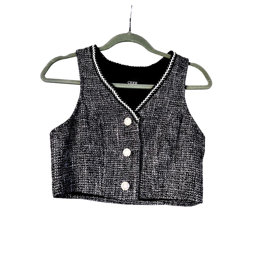 Cider Tweed Crop Top Vest Sleeveless Button Down Black‎ White